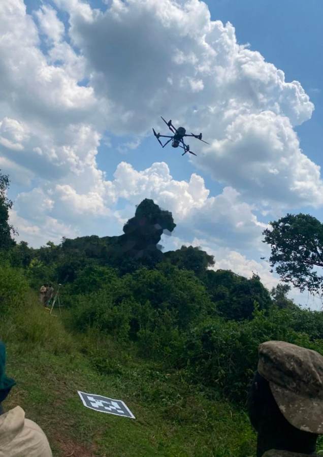 Survey drone in flight during an aerial mapping mission.